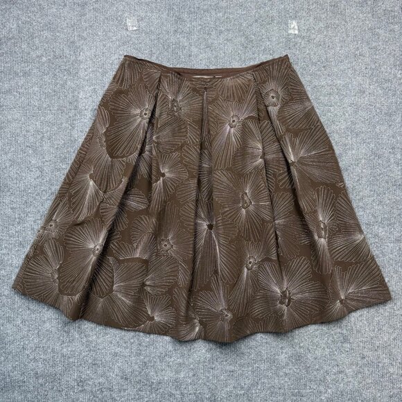 Talbots Brown Silk Pleated Skirt Metallic Floral Pockets Quiet Luxury 10P NEW - Picture 8 of 12